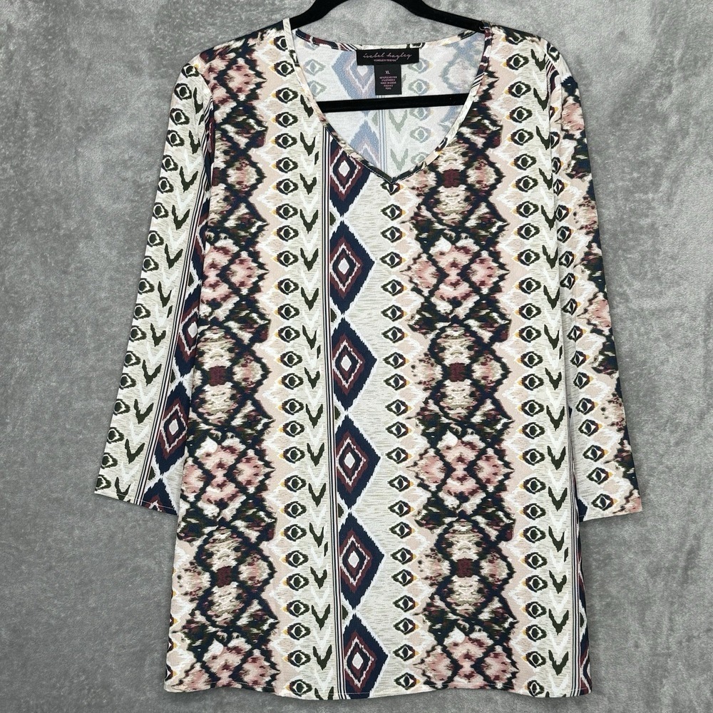 Isabel‎ Hayley XL Shirt Top Beige Geometric 3/4 Sleeve V Neck Stretch Bohemian